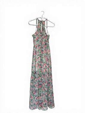 Floral Halter Maxi Dress in Green and Pink